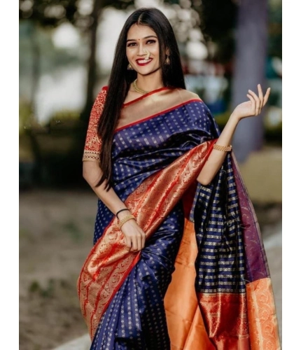 Women's Litchi silk Printed Saree With Unstitched Blouse (Blue) Women's Litchi silk Printed Saree With Unstitched Blouse (Blue)