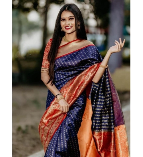 Women's Litchi silk Printed Saree With Unstitched Blouse (Blue)