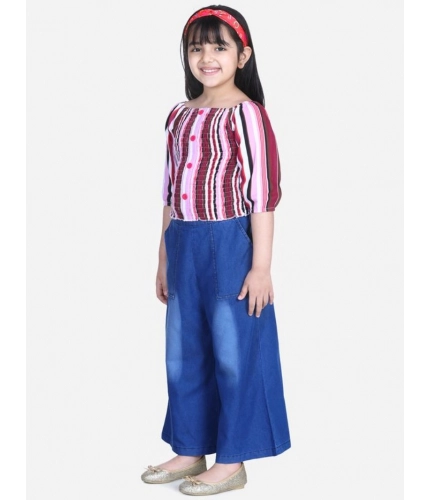 Girl's Rayon Solid Bell Sleeve Top with Culottes (Purple-Blue)