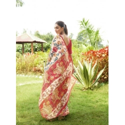 Women's Faux_Tussar Kalamkari_Print Saree With Unstitched Blouse 5.5Mtr (Red)