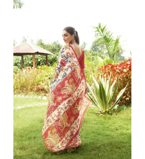 Women's Faux_Tussar Kalamkari_Print Saree With Unstitched Blouse 5.5Mtr (Red)