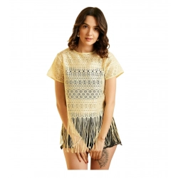 Women's Polyester Lace Self Design Short Sleeve Top (Yellow)
