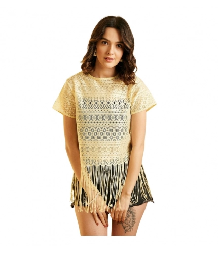 Women's Polyester Lace Self Design Short Sleeve Top (Yellow)