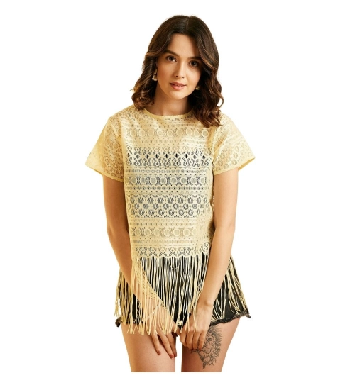 Women's Polyester Lace Self Design Short Sleeve Top (Yellow)
