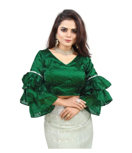 Women's Organza Solid V Neck Layered Ruffle Sleeve Readymade Blouse (Green Free Size , up to 38–40 Bust)-PID65850