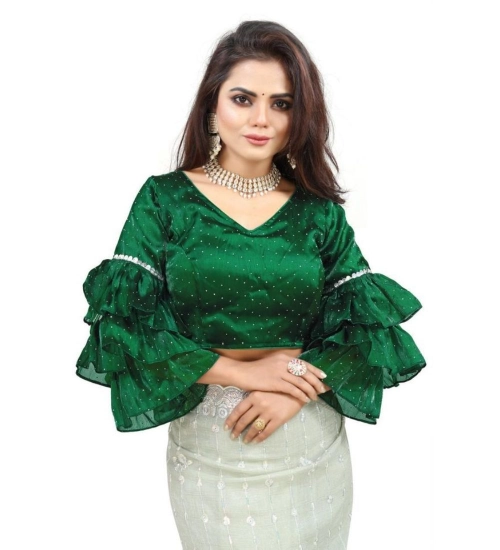 Women's Organza Solid V Neck Layered Ruffle Sleeve Readymade Blouse (Green Free Size , up to 38–40 Bust)-PID65850