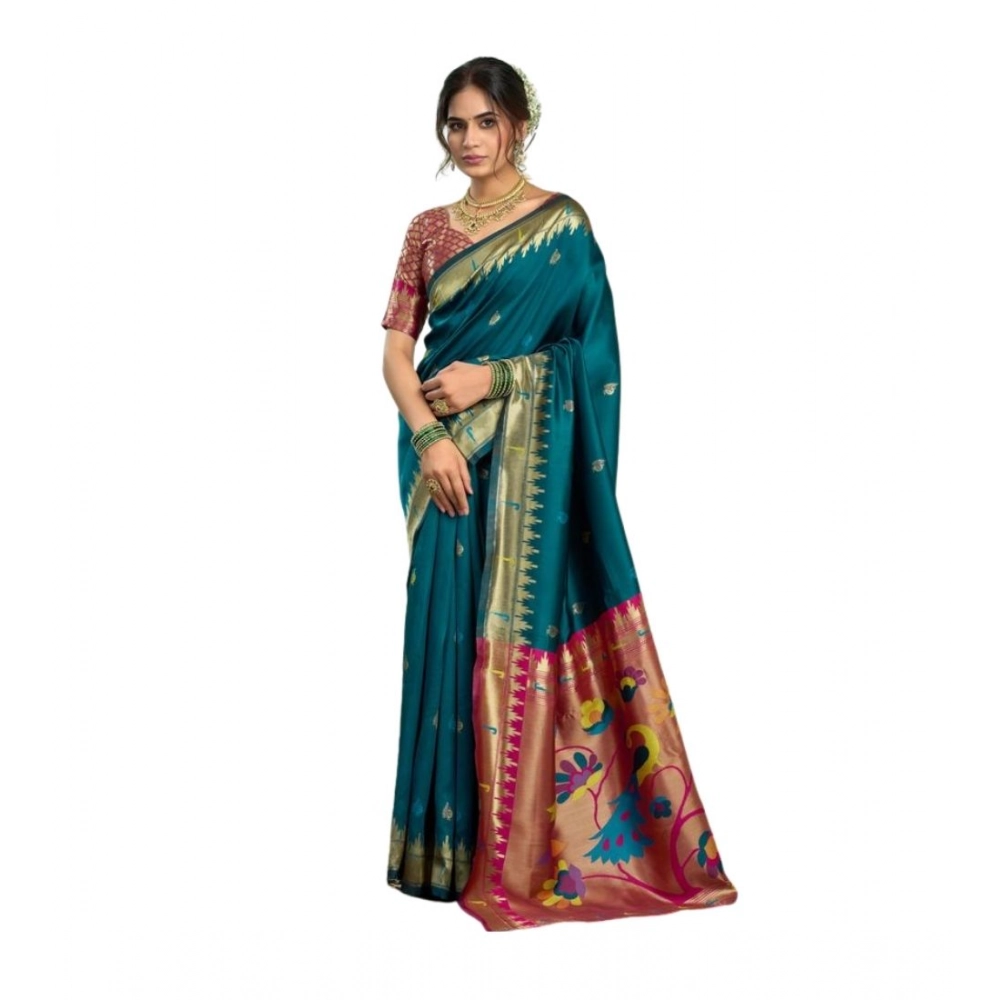 Women's Silk Blend Woven Saree With Unstitched Blouse 5.5 Mtr (Teal)