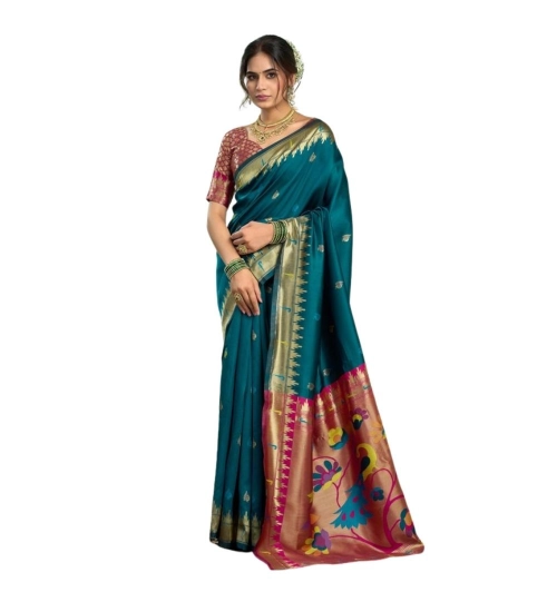 Women's Silk Blend Woven Saree With Unstitched Blouse 5.5 Mtr (Teal)