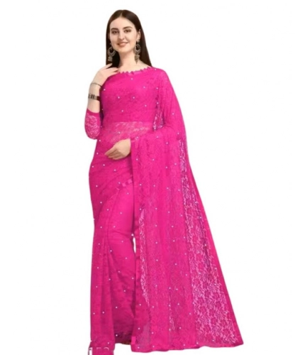 Women's Net Self Design Saree With Unstitched Blouse 5.5Mtr (Rani)