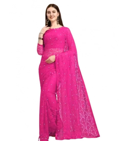 Women's Net Self Design Saree With Unstitched Blouse 5.5Mtr (Rani)