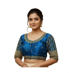 Women's Phantom Silk Embroidered Designer Neck Padded Blouse (Blue 38 Ready (Alterable up to 42)