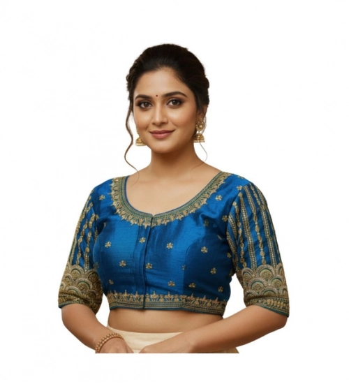 Women's Phantom Silk Embroidered Designer Neck Padded Blouse (Blue 38 Ready (Alterable up to 42)