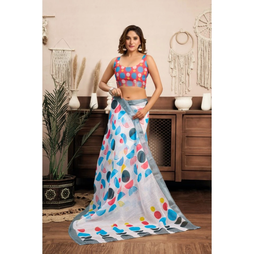 Women's Linen Cotton Printed Ready To Wear Saree With Unstitched Blouse 5.5 Mtr (Multicolor)