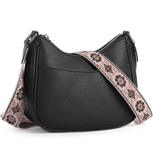 Women's PU Leather Zipper Sling Bag (Black)