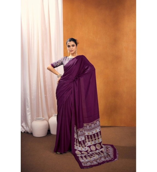 Women's Satin Crepe Printed Saree With Unstitched Blouse 5.5Mtr (Purple)