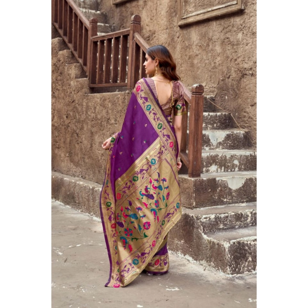 Women's Silk Blend Woven Saree With Unstitched Blouse 5.5 Mtr (Purple)