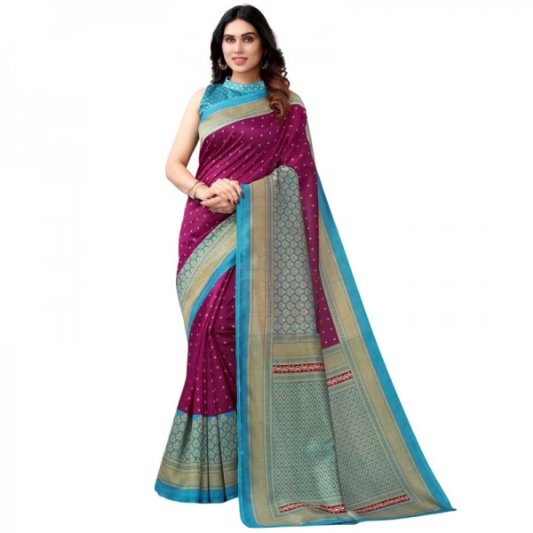 Dropship Women's Litchi silk Printed Saree With Unstitched Blouse  5-6 Mtrs (Magenta)
