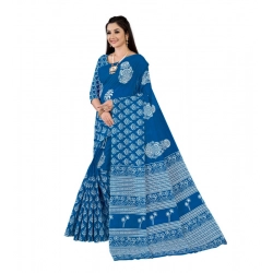Women's Soft Pure Cotton Printed Saree With Unstitched Blouse 5.5Mtr (Blue)