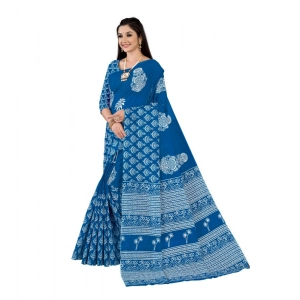 Generic Women's Soft Pure Cotton Printed Saree With Unstitched Blouse 5.5Mtr (Blue)