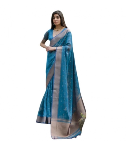 Women's Silk_Blend Butti Pattern Saree With Unstitched Blouse 5.5Mtr (Teal)