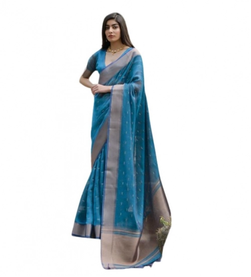 Women's Silk_Blend Butti Pattern Saree With Unstitched Blouse 5.5Mtr (Teal)