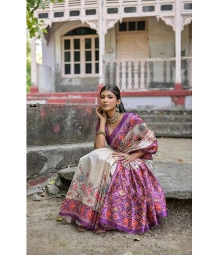 Women's Faux_Tussar Floral Jal With Patola Print Saree With Unstitched Blouse 5.5Mtr (Lavender)