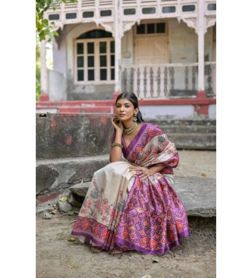 Women's Faux_Tussar Floral Jal With Patola Print Saree With Unstitched Blouse 5.5Mtr (Lavender)
