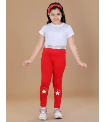 Girl's Cotton Lycra Star Print Elasticated Leggings (Red)