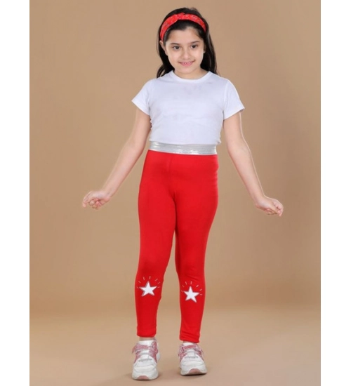 Girl's Cotton Lycra Star Print Elasticated Leggings (Red)