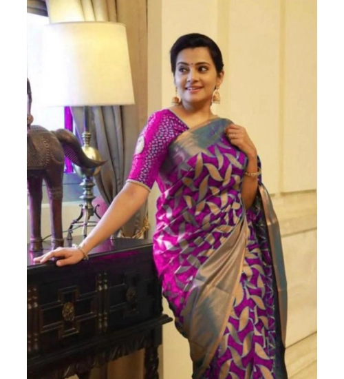 Women's Litchi silk Printed Saree With Unstitched Blouse (Pink)