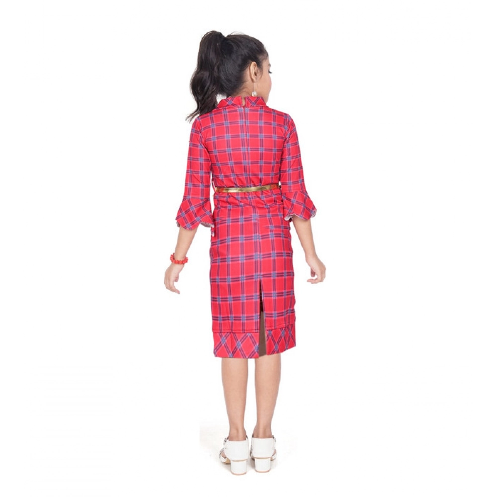 Girl's Knitted Printed 3/4 th Sleeve Close Neck Dress (Pink)