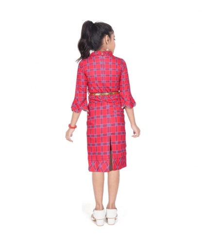Girl's Knitted Printed 3/4 th Sleeve Close Neck Dress (Pink)