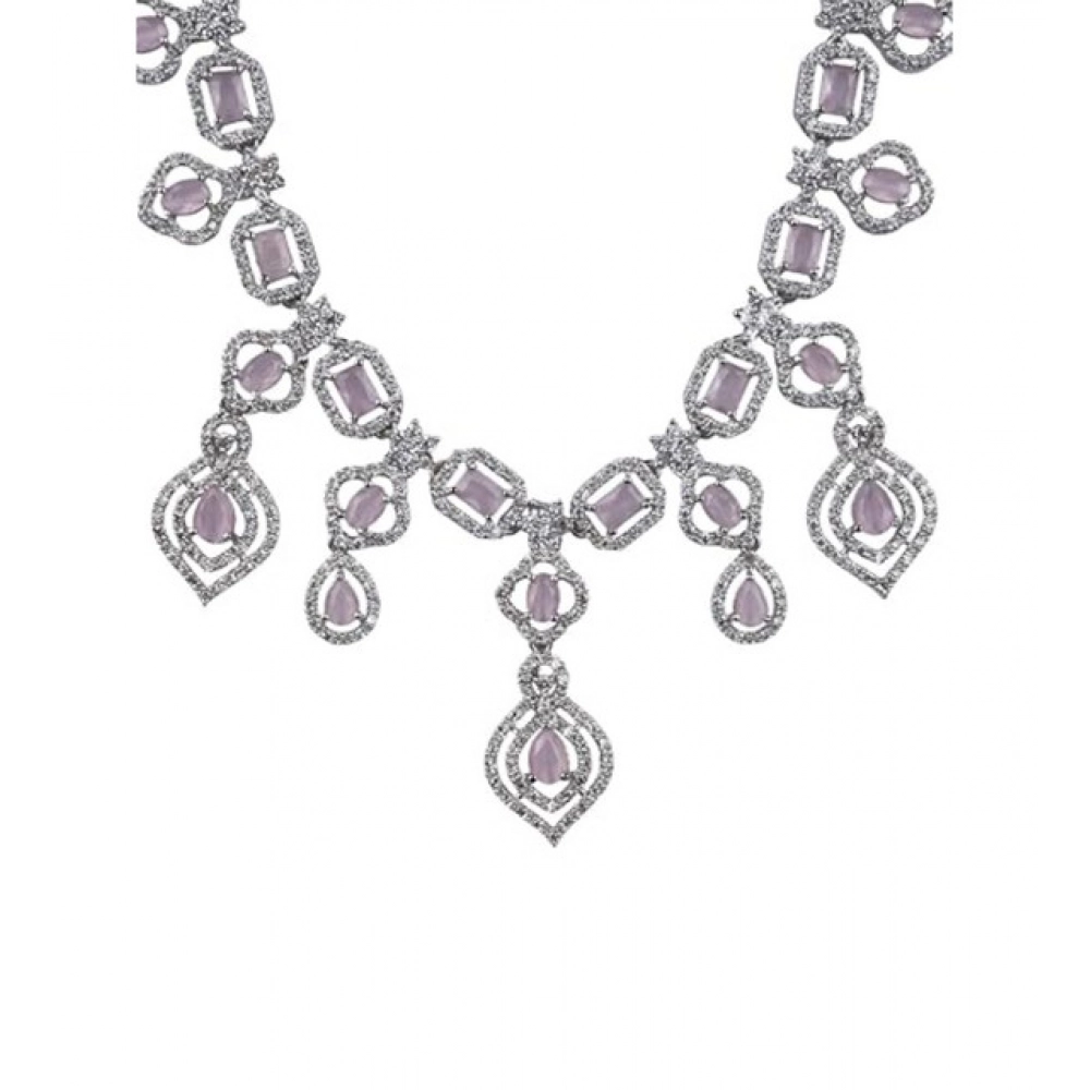 Women's Brass Silver Plated Necklace set (Pink)