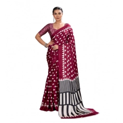 Women's Satin Crepe Printed Saree With Unstitched Blouse 5.5Mtr (Maroon)