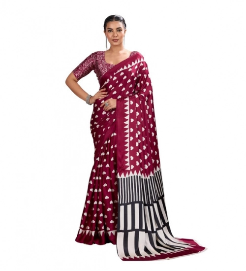 Women's Satin Crepe Printed Saree With Unstitched Blouse 5.5Mtr (Maroon)