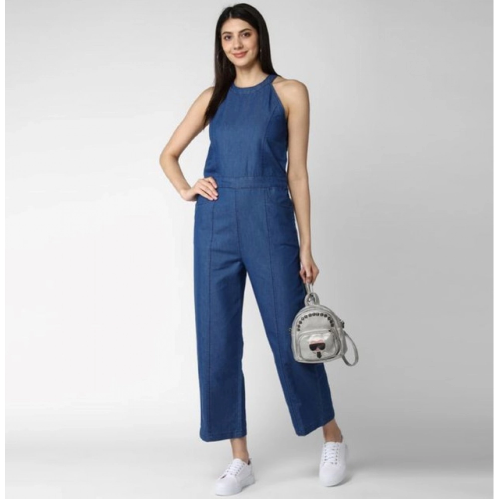 Women's Denim Solid Sleeveless Jumpsuit (Blue)