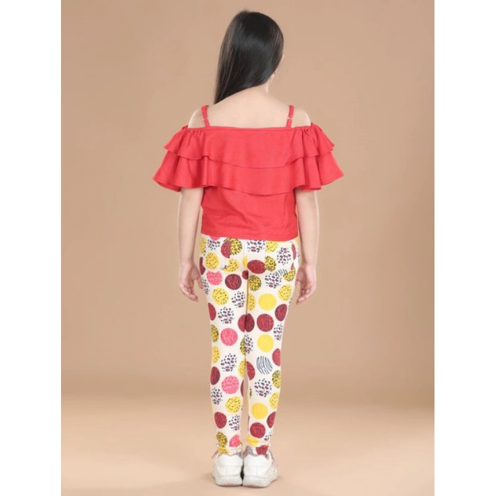 Girl's Cotton Floral Elasticated Jegging and Top Set (Red)