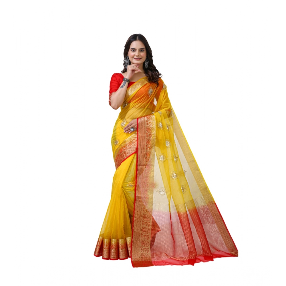 Women's Organza jacquard Embellished Saree With Unstitched Blouse 5.5Mtr (Yellow) Women's Organza jacquard Embellished Saree With Unstitched Blouse 5.5Mtr (Yellow)