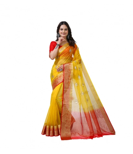 Women's Organza jacquard Embellished Saree With Unstitched Blouse 5.5Mtr (Yellow)