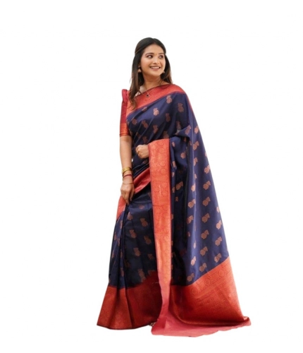 Women's Litchi silk Printed Saree With Unstitched Blouse (Blue)