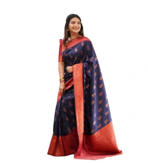 Women's Litchi silk Printed Saree With Unstitched Blouse (Blue)