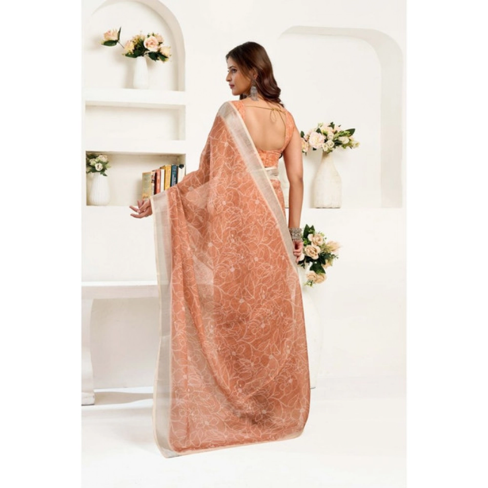 Women's Linen Cotton Printed Ready To Wear Saree With Unstitched Blouse 5.5 Mtr (Peach)