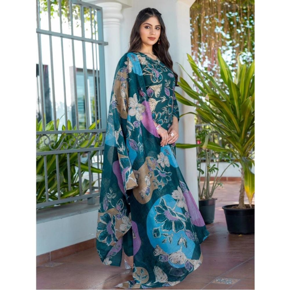 Women's Cotton Blend Printed Kurti With Pant Dupatta Set (Rama) Women's Cotton Blend Printed Kurti With Pant Dupatta Set (Rama)
