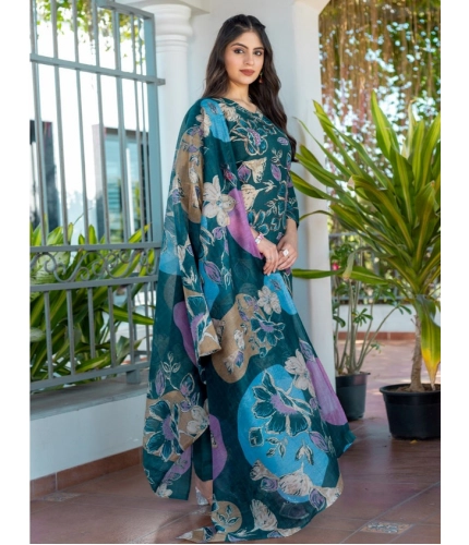 Women's Cotton Blend Printed Kurti With Pant Dupatta Set (Rama)