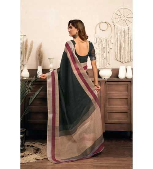 Women's Linen Cotton Plain Ready To Wear With Pocket Saree With Unstitched Blouse 5.5 Mtr (Black)