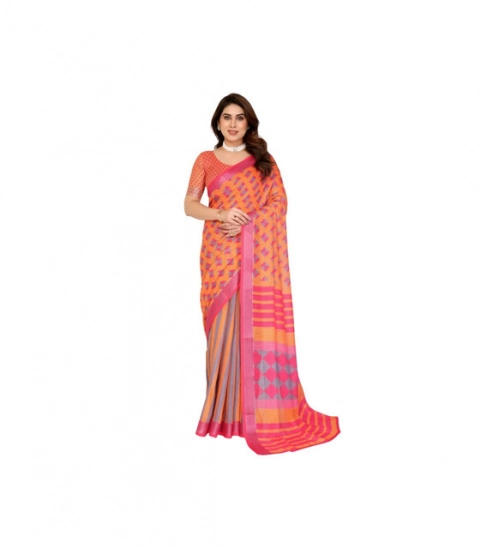 Women's Linen Cotton  Printed Saree With Unstitched Blouse 5.5Mtr (Orange )
