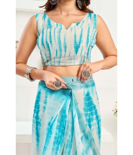 Women's Faux Linen Abstract Print Ready to wear Saree With Unstitched Blouse 5.5Mtr (Multicolor)