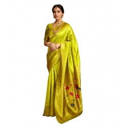 Women's Silk Blend Zari Weaving Saree With Unstitched Blouse 5.5Mtr (Lime-Green)