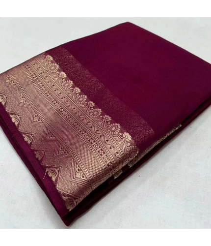 Women's Crepe Chit Pallu Solid Saree With Unstitched Blouse 5.5Mtr (Purple)