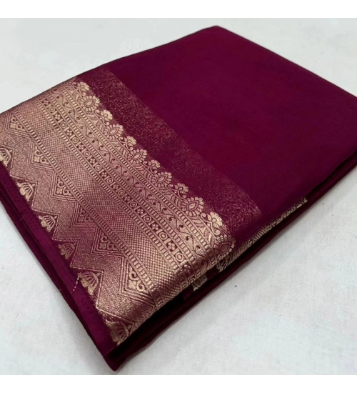 Women's Crepe Chit Pallu Solid Saree With Unstitched Blouse 5.5Mtr (Purple)